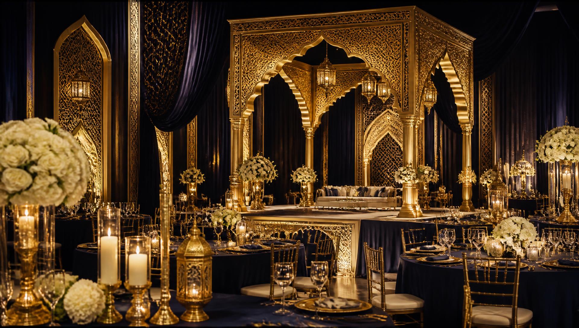 Gold and navy Muslim wedding reception hall